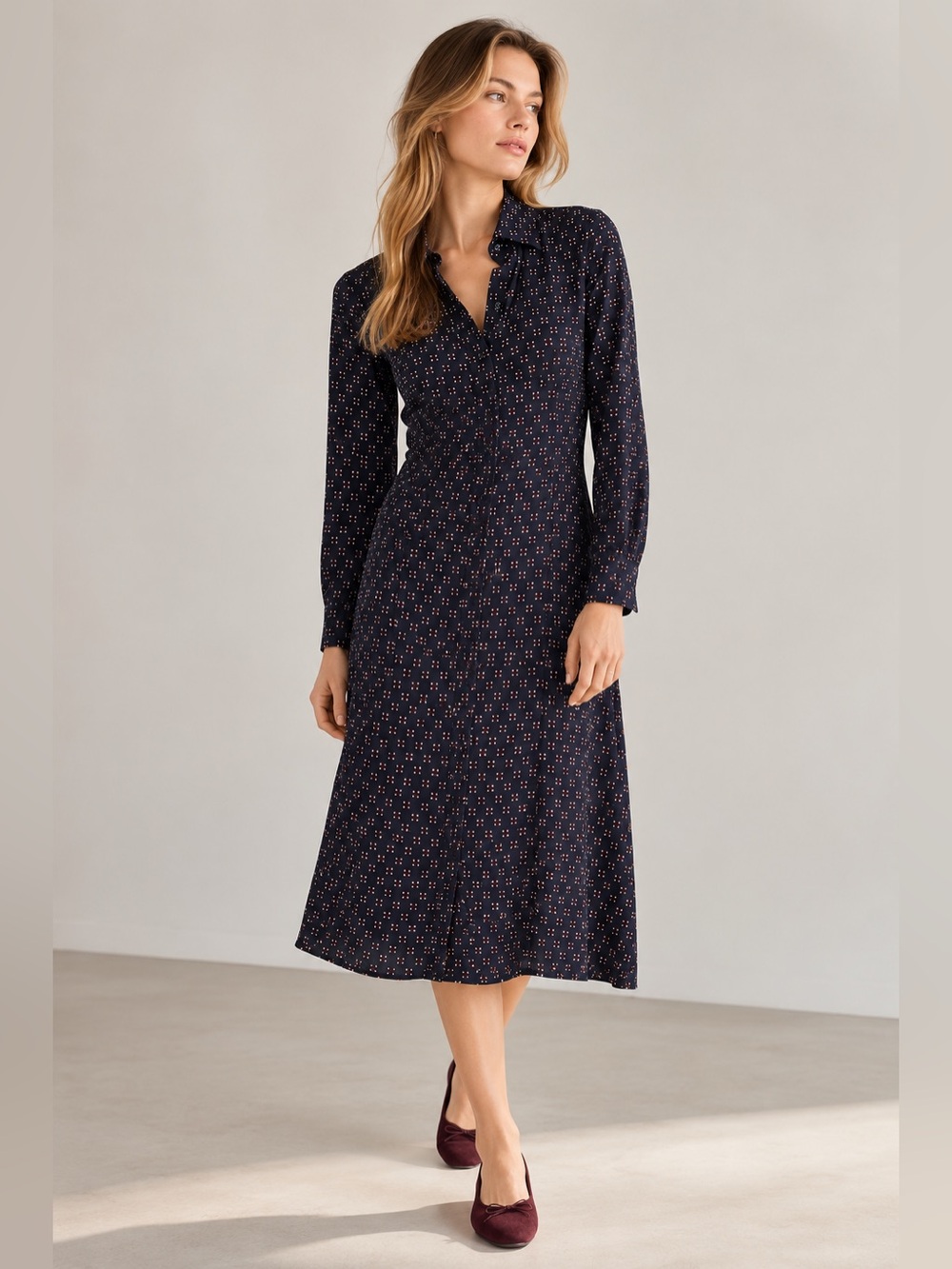 Madewell Ruched Midi Shirtdress Navy Foulard